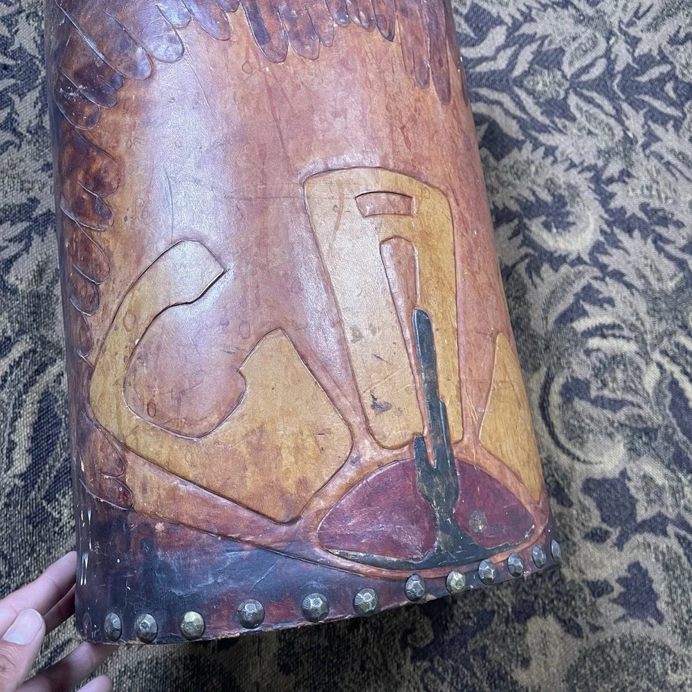 19th Century American Cactus Leather Wastebasket Bin Loop Lace 10.5